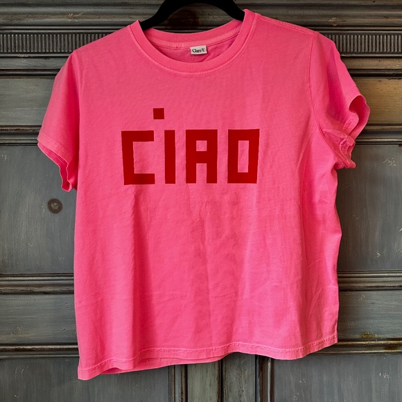 Clare V Classic CIAO Tee in Neon Pink/Poppy Block Size M - Picture 3 of 7